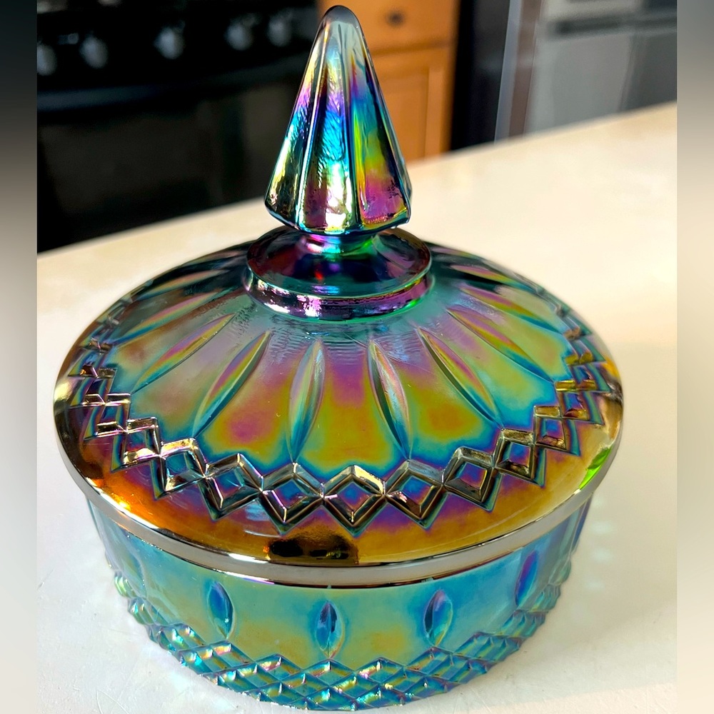 Vintage 1960’s Princess Blue Iridescent Indiana Carnival Glass Lidded Bowl